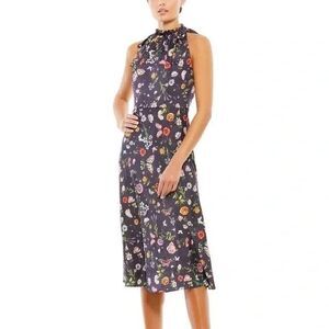 NEW Ieena for Mac Duggal 55629 Navy Floral Print Tie Neck Midi Dress Size 12